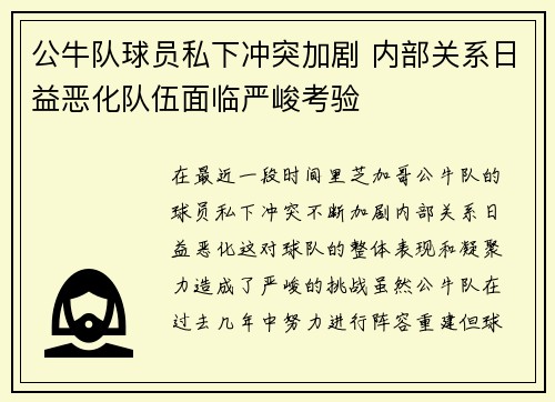 公牛队球员私下冲突加剧 内部关系日益恶化队伍面临严峻考验