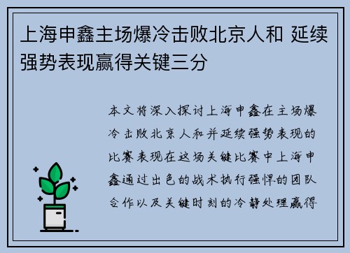 上海申鑫主场爆冷击败北京人和 延续强势表现赢得关键三分