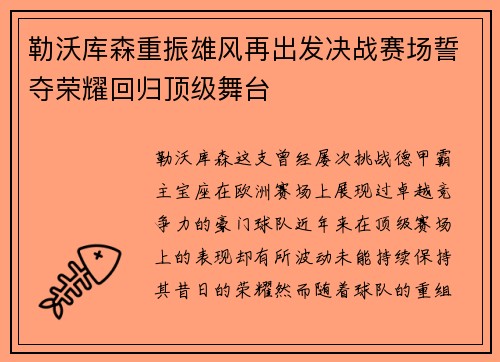 勒沃库森重振雄风再出发决战赛场誓夺荣耀回归顶级舞台