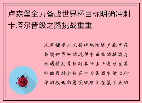 卢森堡全力备战世界杯目标明确冲刺卡塔尔晋级之路挑战重重