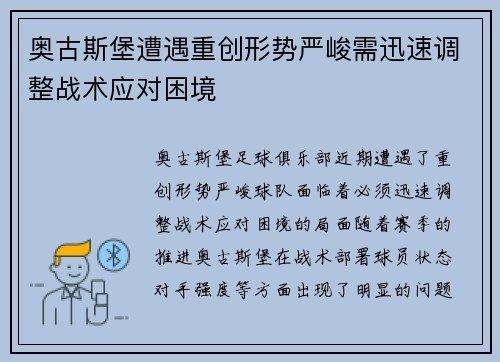 奥古斯堡遭遇重创形势严峻需迅速调整战术应对困境