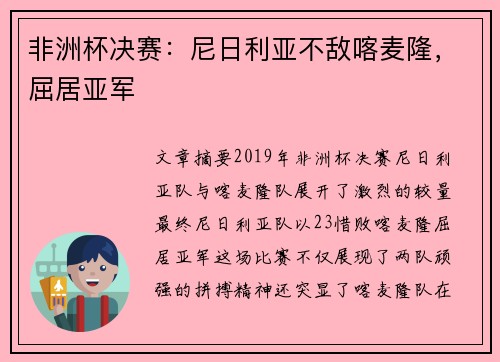 非洲杯决赛：尼日利亚不敌喀麦隆，屈居亚军